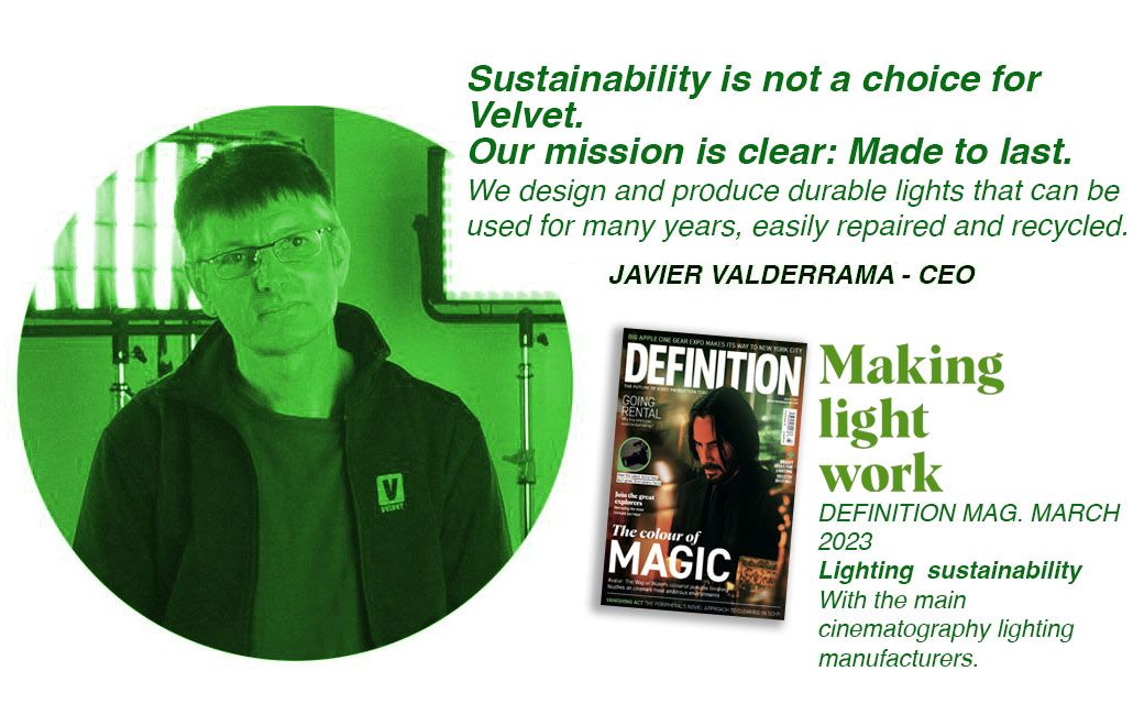 Sustainable cinematography lighting at Definition Magazine with VELVET -March ’23